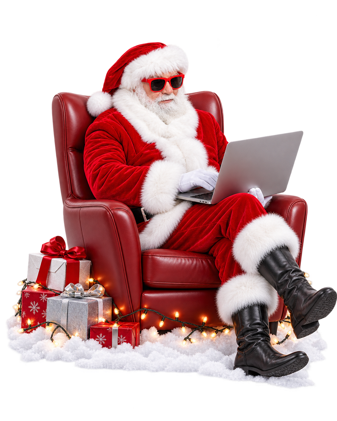Santa reviewing a business website on a laptop